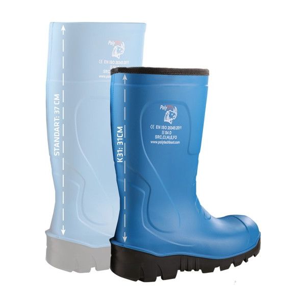 Polytech Boot K31 mavi 31 cm kısa konç çizmenin 37 cm standart modelle yan yana gösterimi